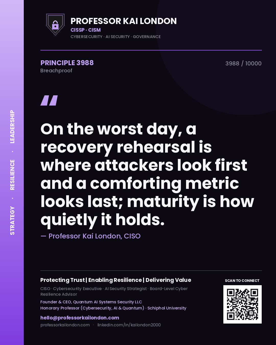 Quote card by Professor Kai London reading 'On the worst day, a recovery rehearsal is where attackers look first and a comforting metric looks last; maturity is how quietly it holds.'. From the book Breachproof.