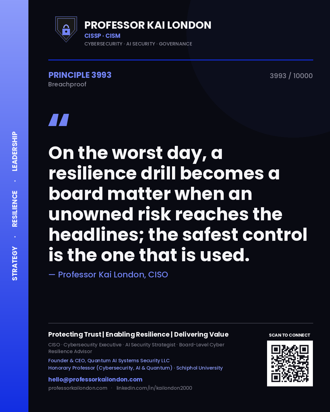 Quote card by Professor Kai London reading 'On the worst day, a resilience drill becomes a board matter when an unowned risk reaches the headlines; the safest control is the one that is used.'. From the book Breachproof.