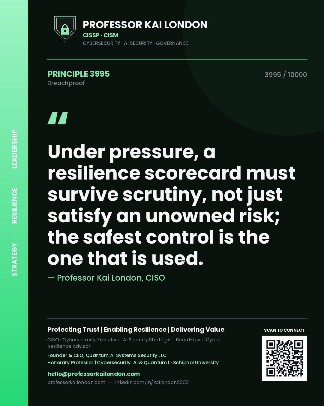 Quote card by Professor Kai London reading 'Under pressure, a resilience scorecard must survive scrutiny, not just satisfy an unowned risk; the safest control is the one that is used.'. From the book Breachproof.