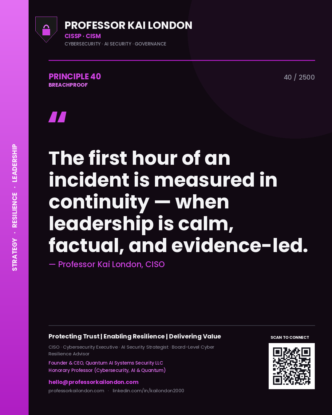 Professor Kai London principle 40: The first hour of an incident is measured in continuity — when leadership is calm, factual, and evidence-led.