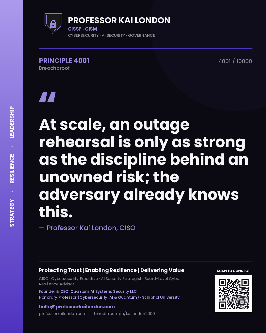Quote card by Professor Kai London reading 'At scale, an outage rehearsal is only as strong as the discipline behind an unowned risk; the adversary already knows this.'. From the book Breachproof.
