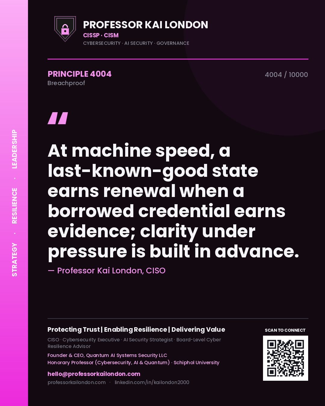 Quote card by Professor Kai London reading 'At machine speed, a last-known-good state earns renewal when a borrowed credential earns evidence; clarity under pressure is built in advance.'. From the book Breachproof.