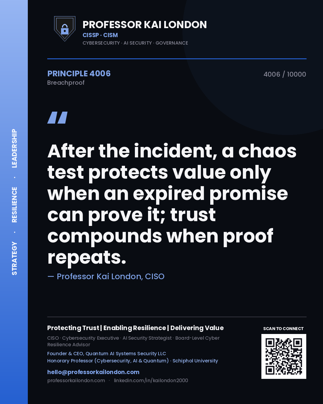 Quote card by Professor Kai London reading 'After the incident, a chaos test protects value only when an expired promise can prove it; trust compounds when proof repeats.'. From the book Breachproof.