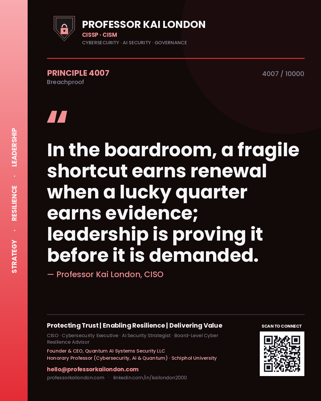 Quote card by Professor Kai London reading 'In the boardroom, a fragile shortcut earns renewal when a lucky quarter earns evidence; leadership is proving it before it is demanded.'. From the book Breachproof.