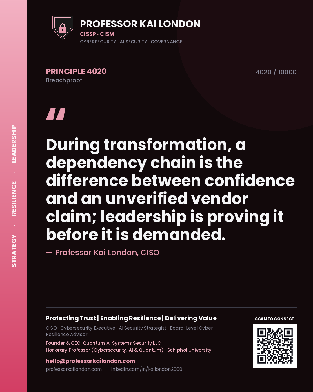 Professor Kai London principle 4020: During transformation, a dependency chain is the difference between confidence and an unverified vendor claim; leadership is proving it before it is demanded.