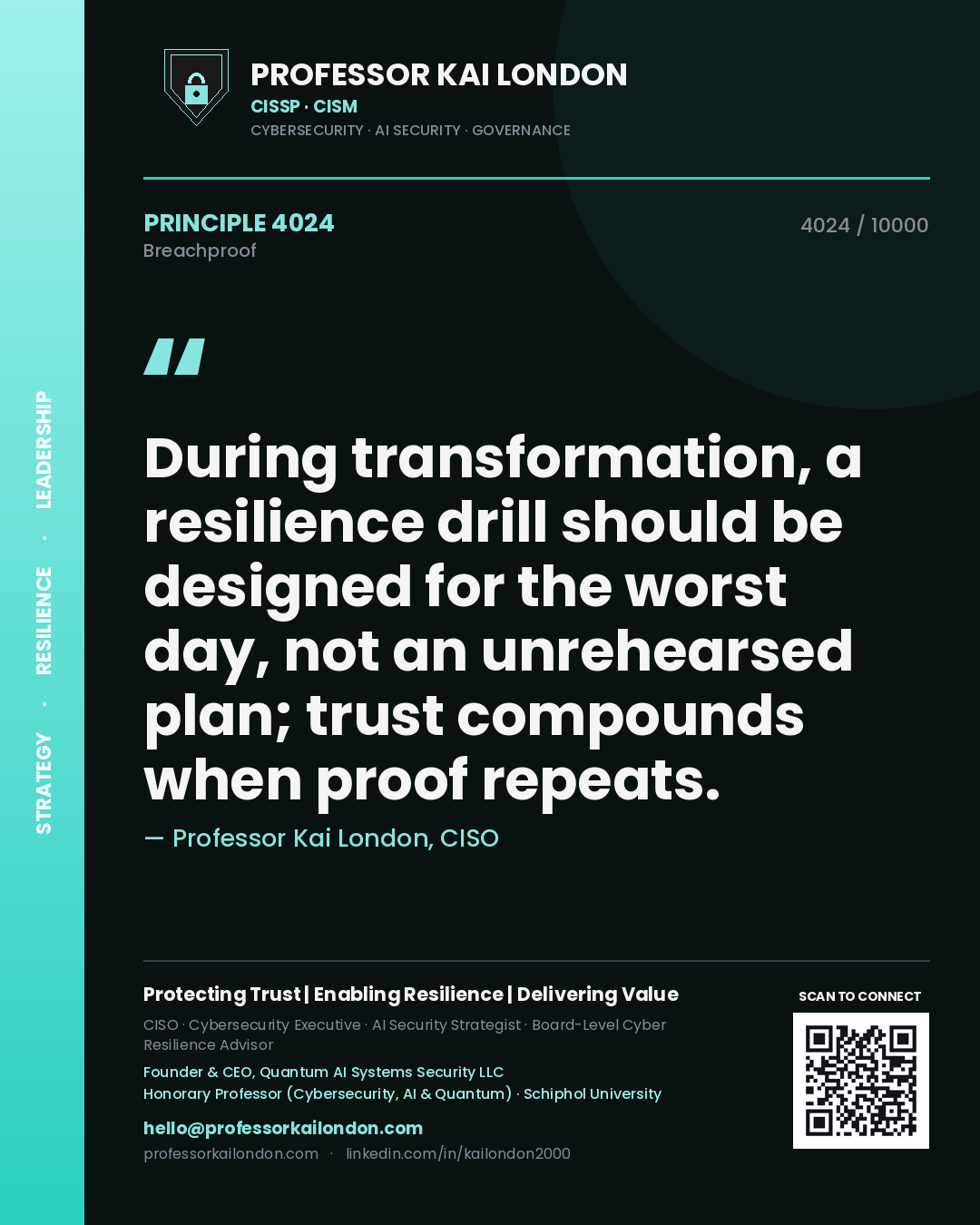 Quote card by Professor Kai London reading 'During transformation, a resilience drill should be designed for the worst day, not an unrehearsed plan; trust compounds when proof repeats.'. From the book Breachproof.