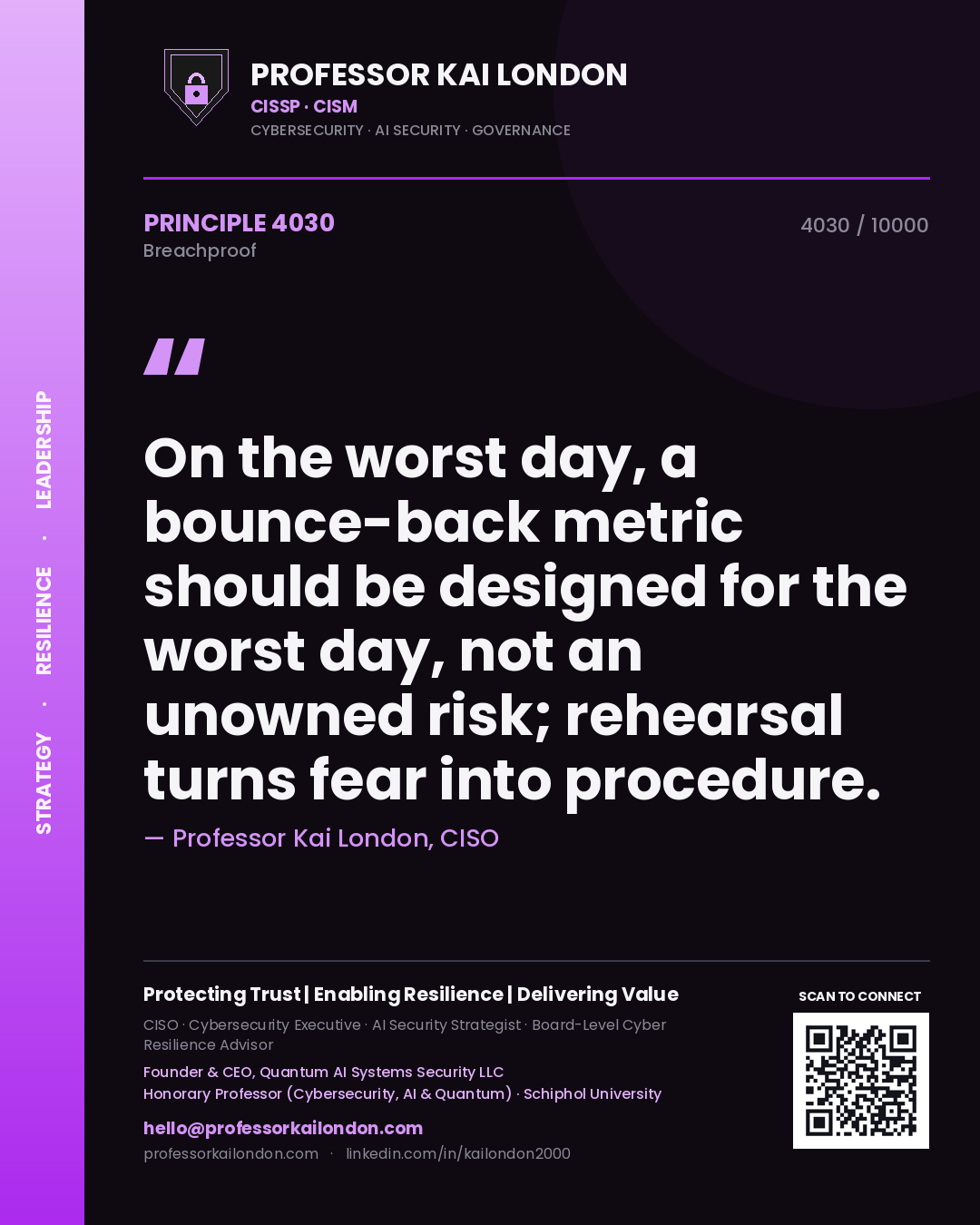 Quote card by Professor Kai London reading 'On the worst day, a bounce-back metric should be designed for the worst day, not an unowned risk; rehearsal turns fear into procedure.'. From the book Breachproof.