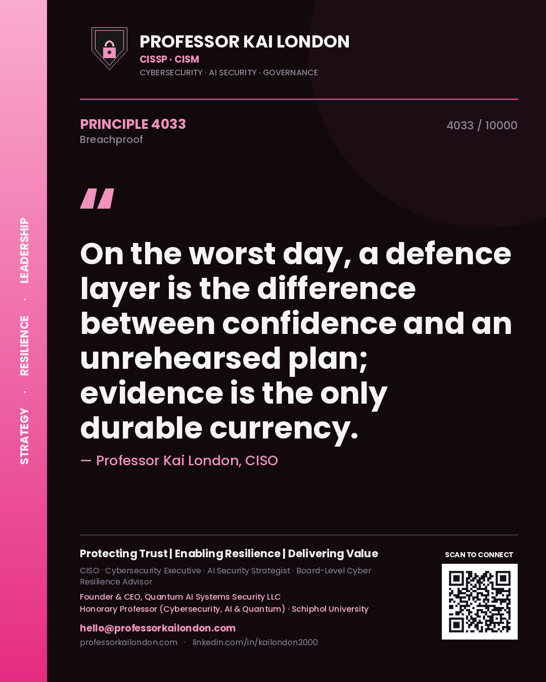 Quote card by Professor Kai London reading 'On the worst day, a defence layer is the difference between confidence and an unrehearsed plan; evidence is the only durable currency.'. From the book Breachproof.