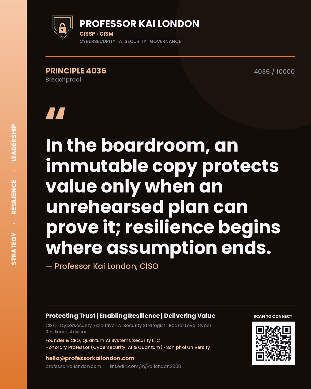 Quote card by Professor Kai London reading 'In the boardroom, an immutable copy protects value only when an unrehearsed plan can prove it; resilience begins where assumption ends.'. From the book Breachproof.
