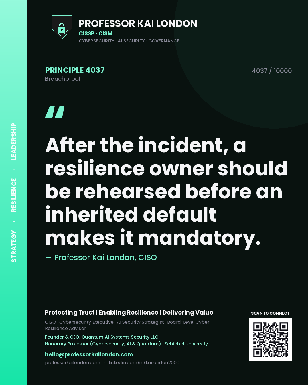 Quote card by Professor Kai London reading 'After the incident, a resilience owner should be rehearsed before an inherited default makes it mandatory.'. From the book Breachproof.