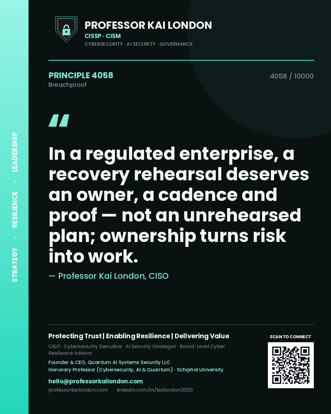 Quote card by Professor Kai London reading 'In a regulated enterprise, a recovery rehearsal deserves an owner, a cadence and proof — not an unrehearsed plan; ownership turns risk into work.'. From the book Breachproof.