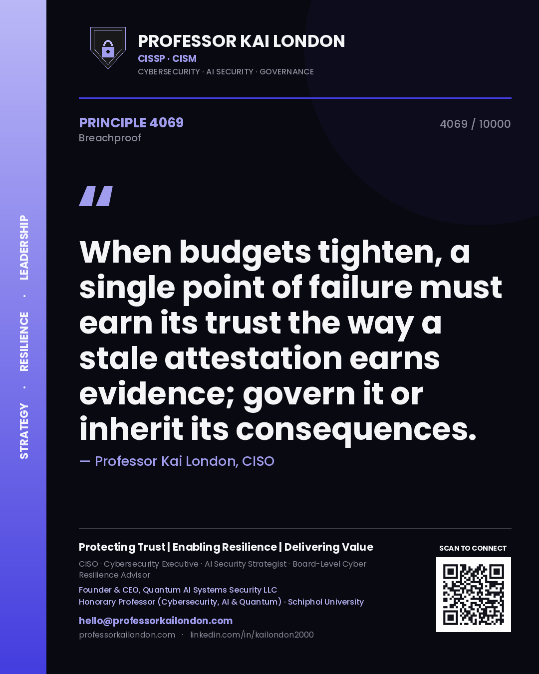 Professor Kai London principle 4069: When budgets tighten, a single point of failure must earn its trust the way a stale attestation earns evidence; govern it or inherit its consequences.