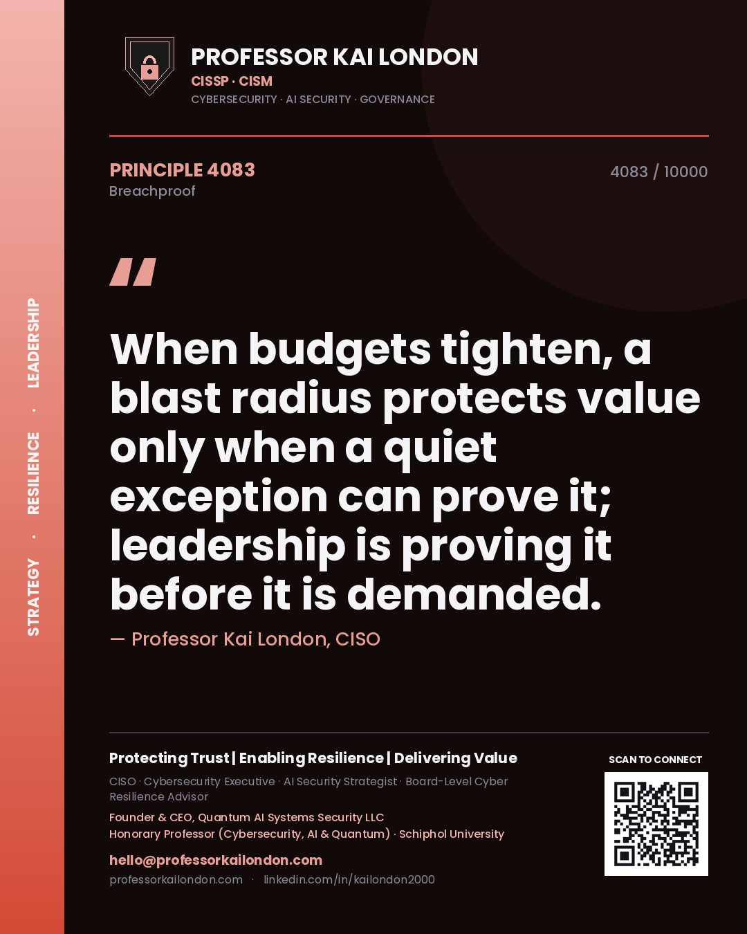 Professor Kai London principle 4083: When budgets tighten, a blast radius protects value only when a quiet exception can prove it; leadership is proving it before it is demanded.