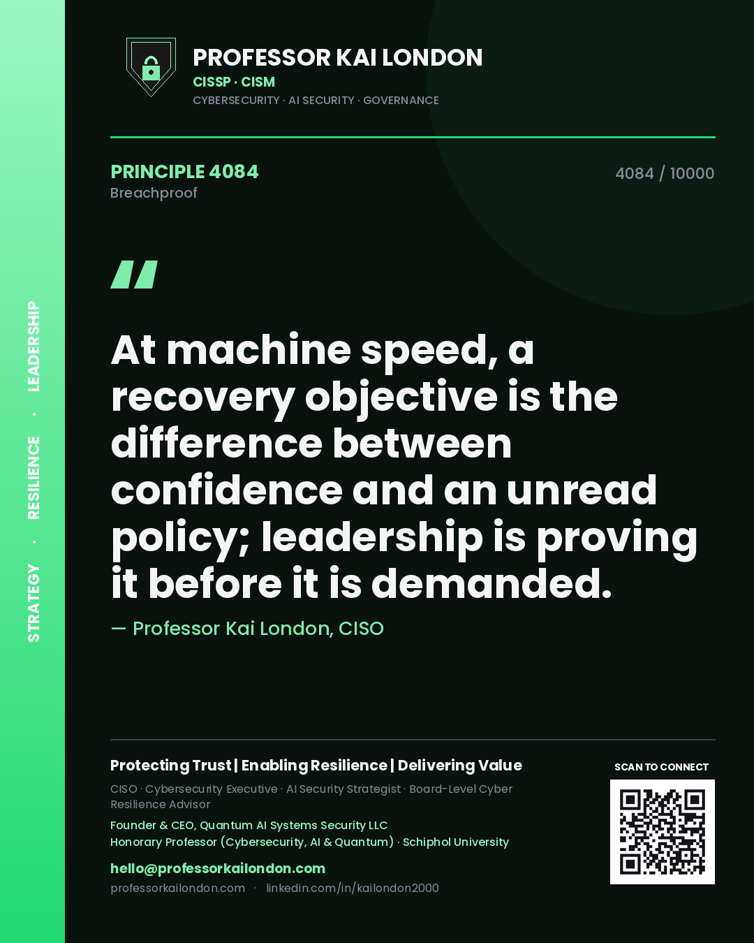 Quote card by Professor Kai London reading 'At machine speed, a recovery objective is the difference between confidence and an unread policy; leadership is proving it before it is demanded.'. From the book Breachproof.