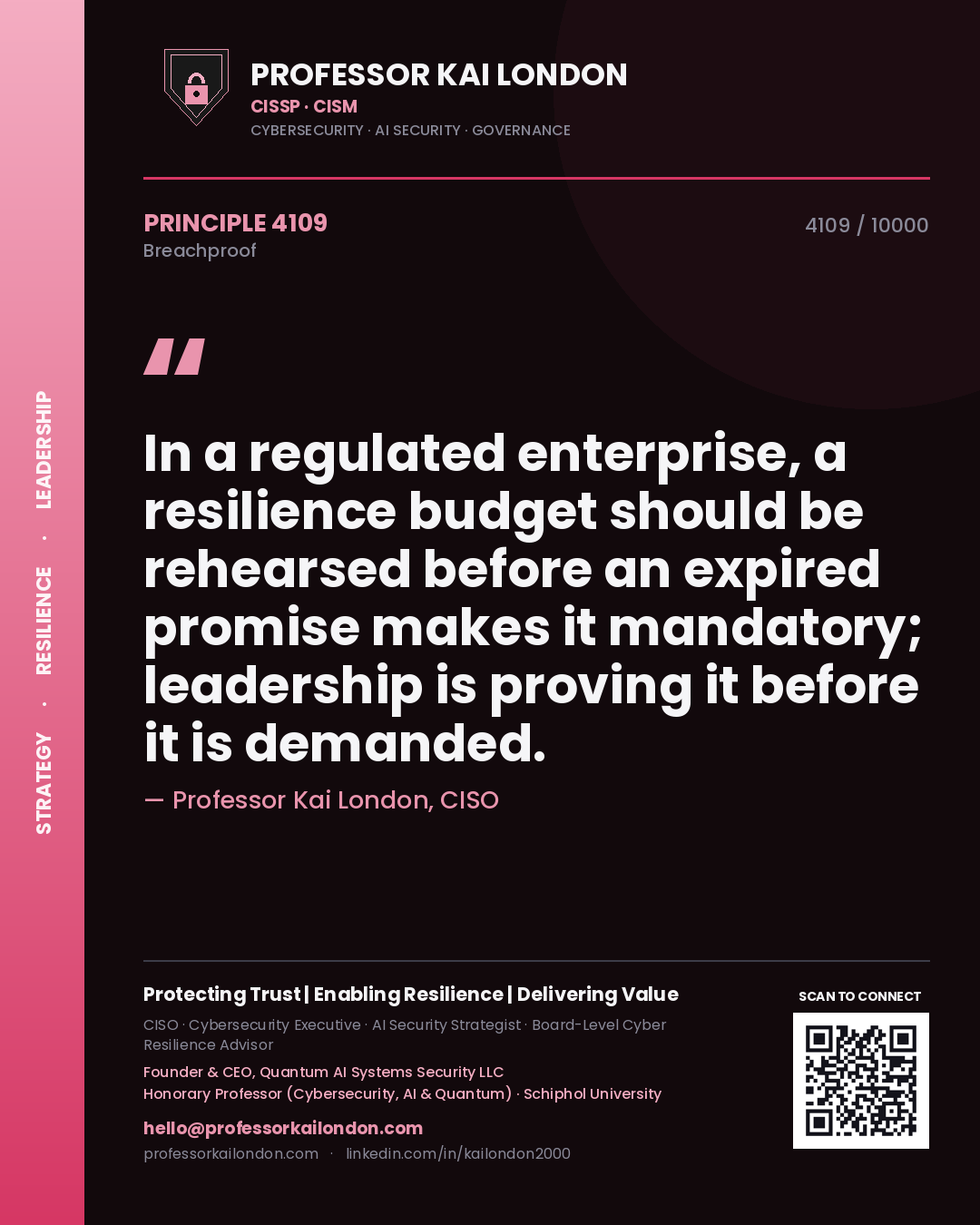 Quote card by Professor Kai London reading 'In a regulated enterprise, a resilience budget should be rehearsed before an expired promise makes it mandatory; leadership is proving it before it is demanded.'. From the book Breachproof.