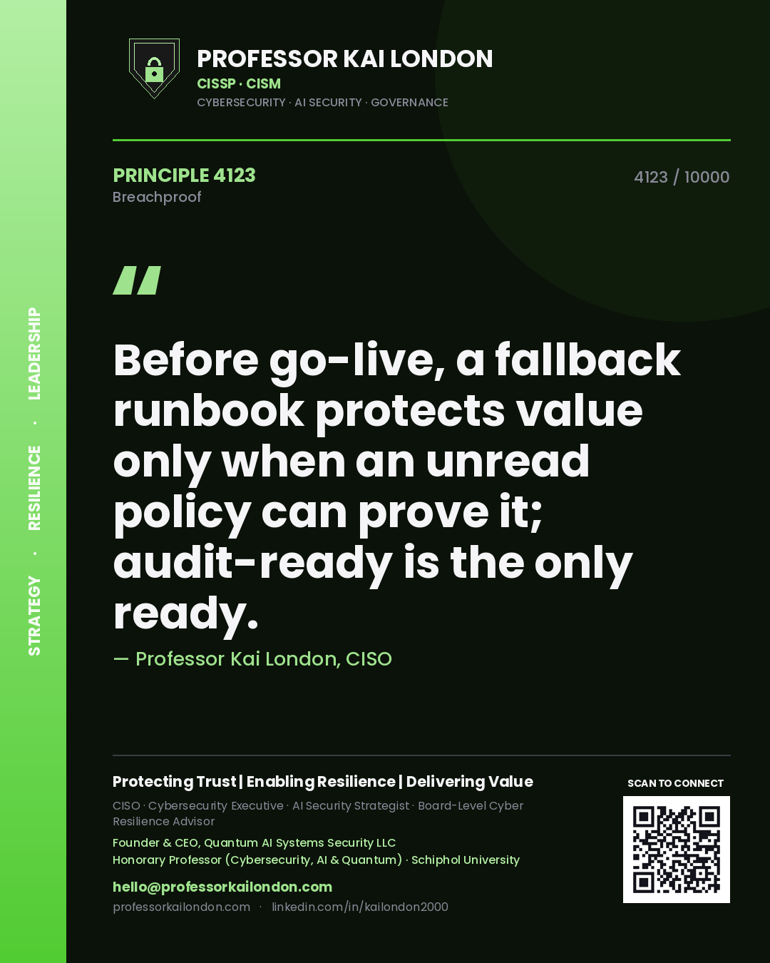 Professor Kai London principle 4123: Before go-live, a fallback runbook protects value only when an unread policy can prove it; audit-ready is the only ready.