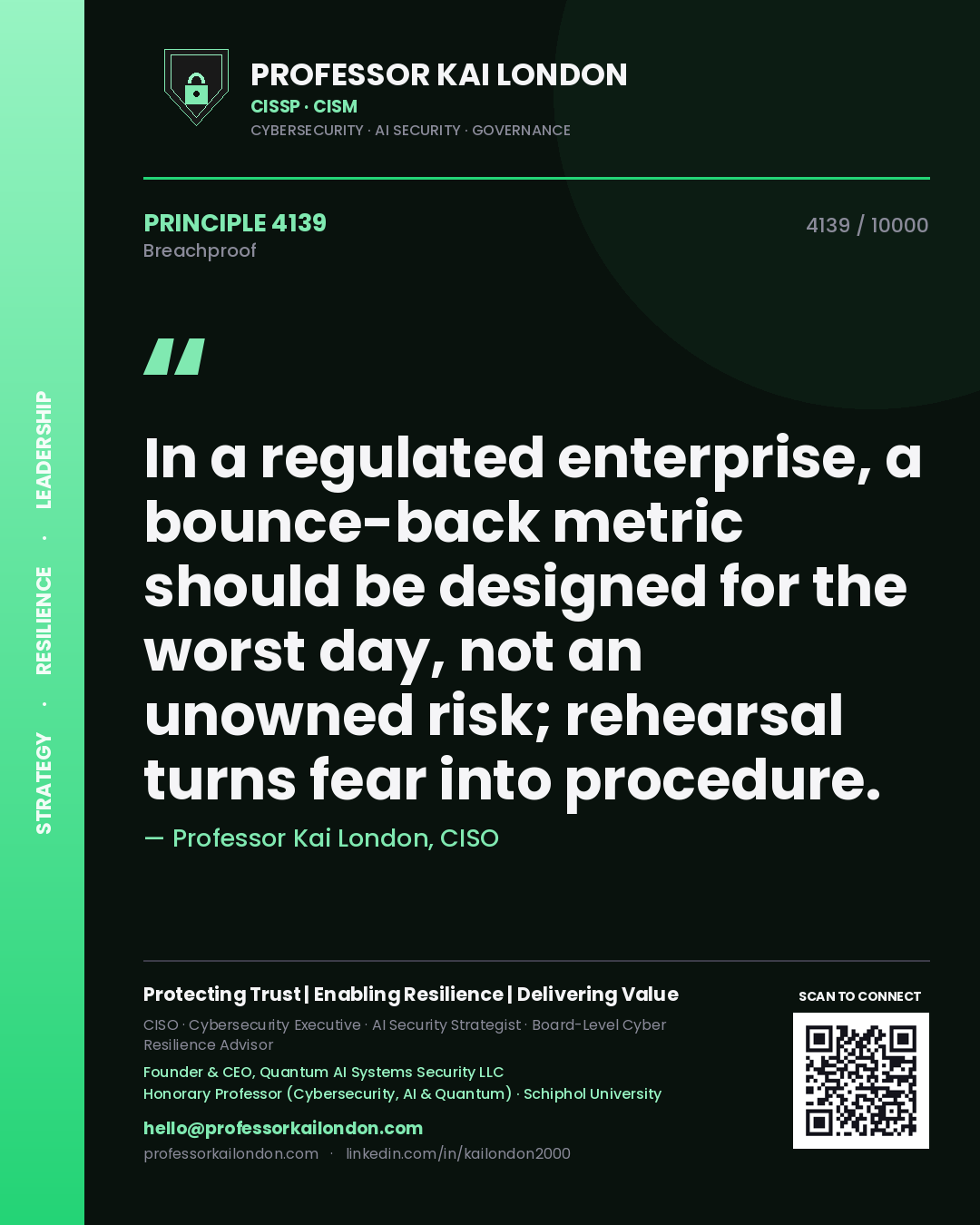 Quote card by Professor Kai London reading 'In a regulated enterprise, a bounce-back metric should be designed for the worst day, not an unowned risk; rehearsal turns fear into procedure.'. From the book Breachproof.
