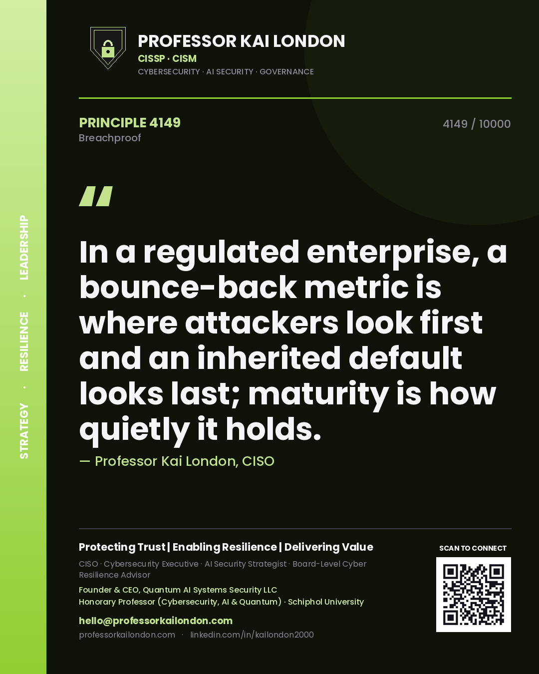 Professor Kai London principle 4149: In a regulated enterprise, a bounce-back metric is where attackers look first and an inherited default looks last; maturity is how quietly it holds.