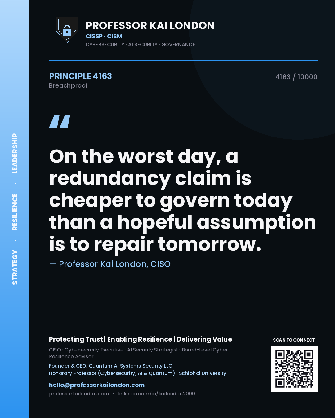 Professor Kai London principle 4163: On the worst day, a redundancy claim is cheaper to govern today than a hopeful assumption is to repair tomorrow.