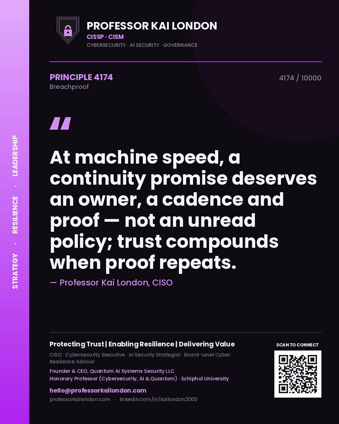 Quote card by Professor Kai London reading 'At machine speed, a continuity promise deserves an owner, a cadence and proof — not an unread policy; trust compounds when proof repeats.'. From the book Breachproof.
