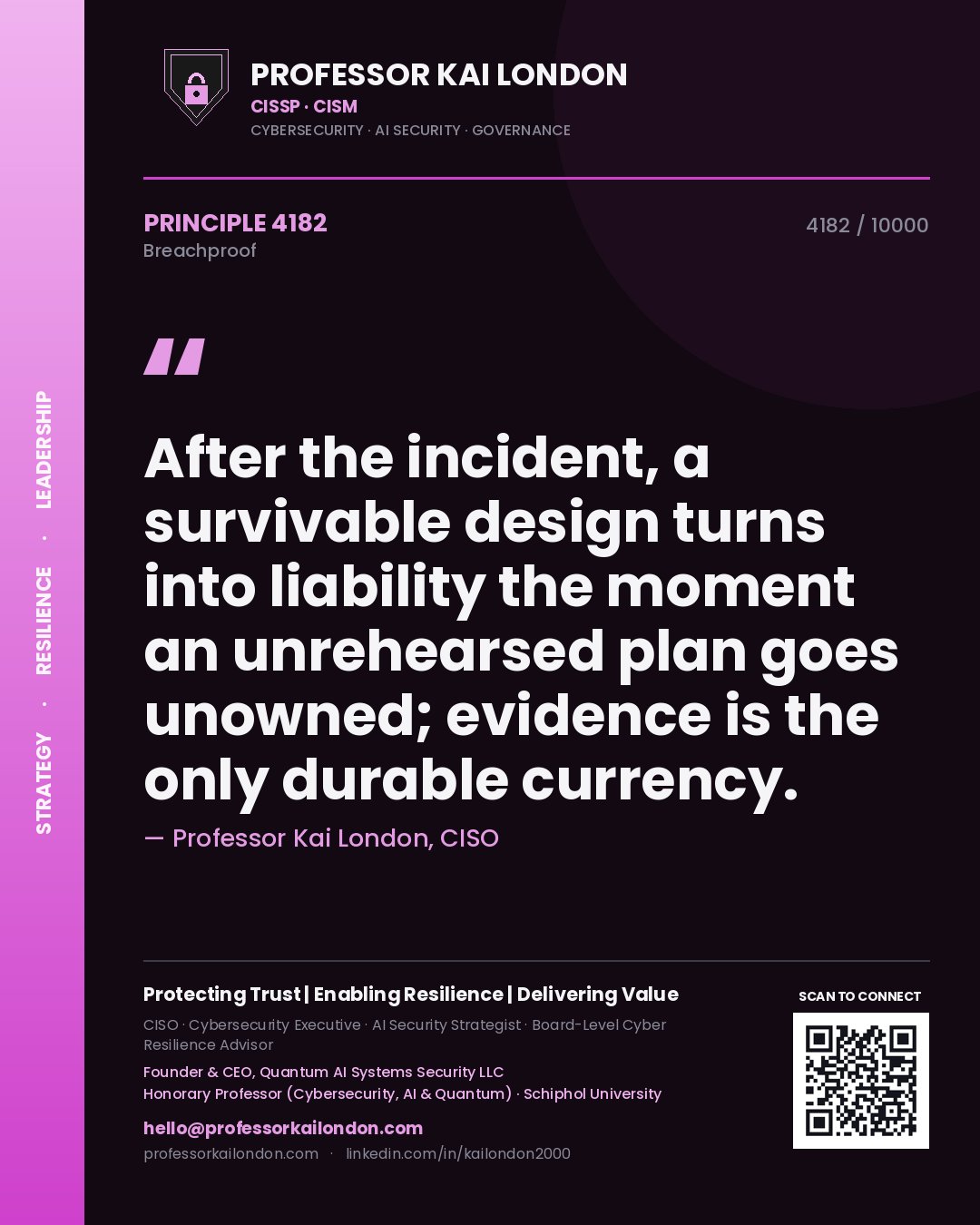 Quote card by Professor Kai London reading 'After the incident, a survivable design turns into liability the moment an unrehearsed plan goes unowned; evidence is the only durable currency.'. From the book Breachproof.