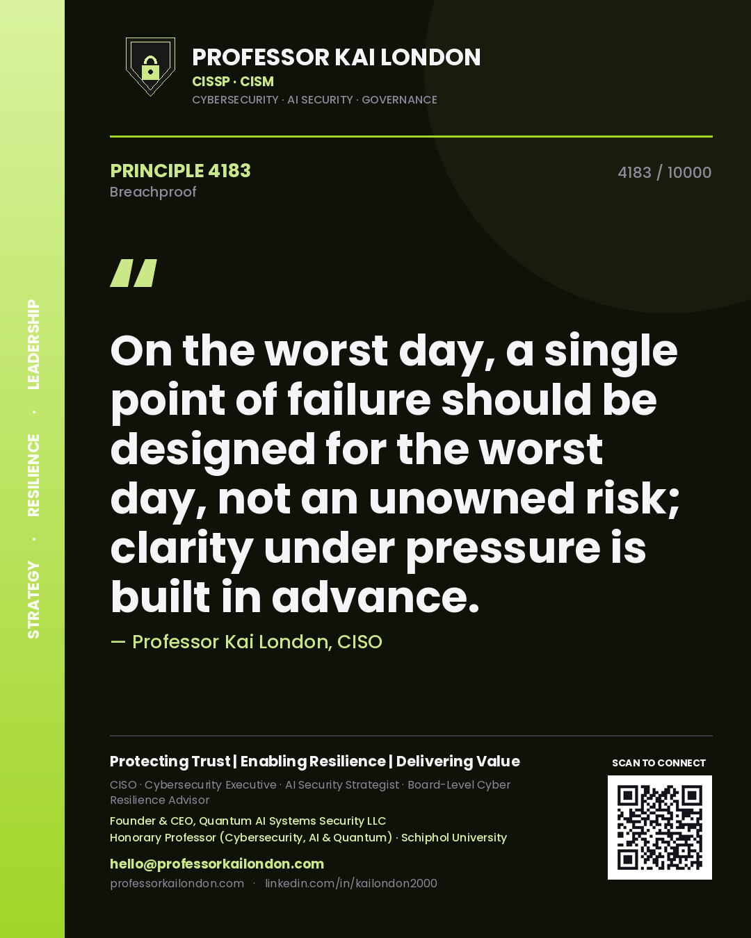 Professor Kai London principle 4183: On the worst day, a single point of failure should be designed for the worst day, not an unowned risk; clarity under pressure is built in advance.