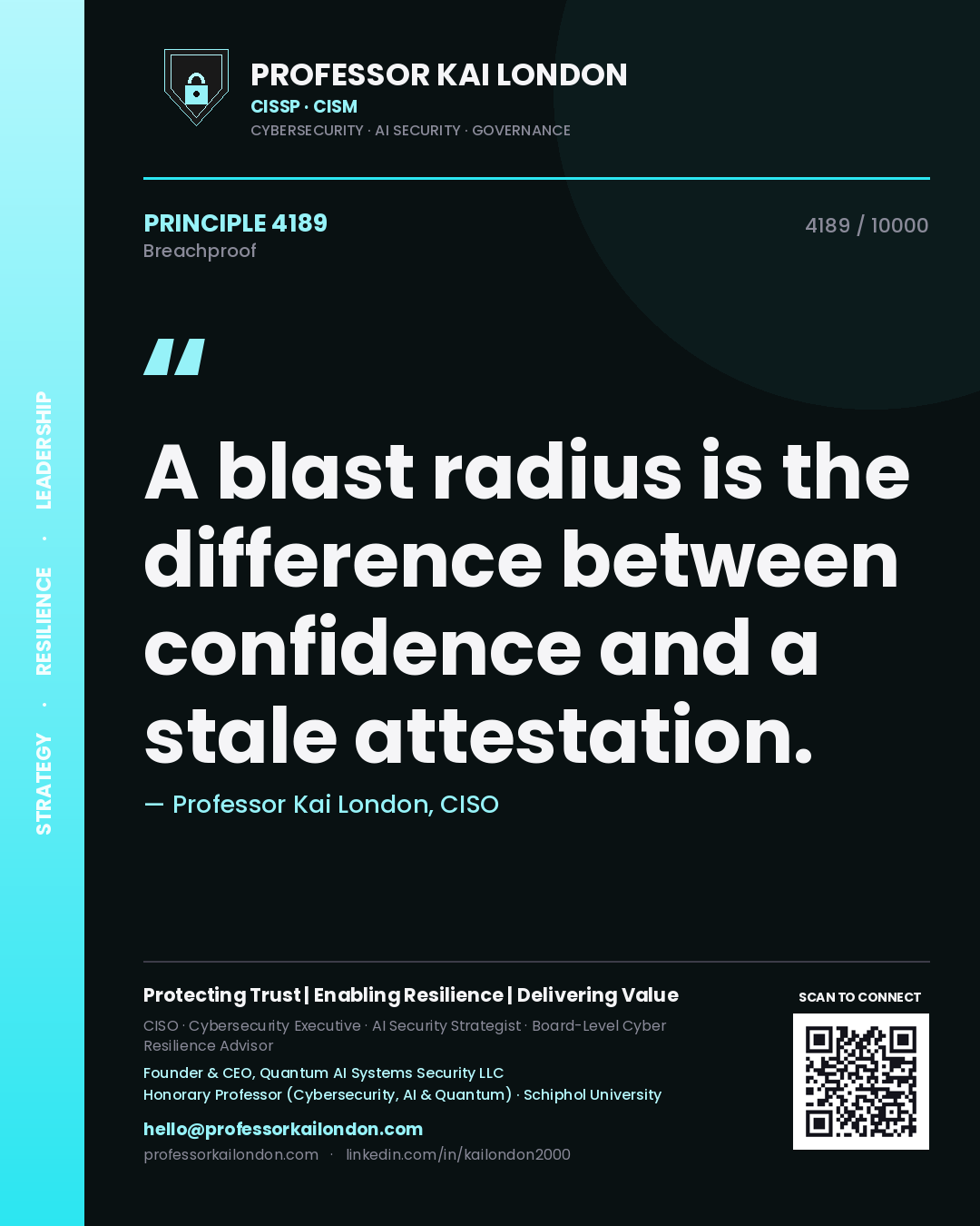 Professor Kai London principle 4189: A blast radius is the difference between confidence and a stale attestation.