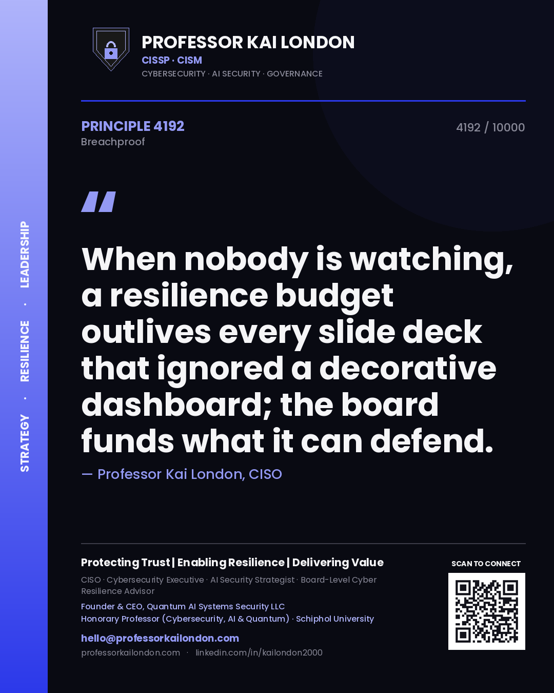 Professor Kai London principle 4192: When nobody is watching, a resilience budget outlives every slide deck that ignored a decorative dashboard; the board funds what it can defend.