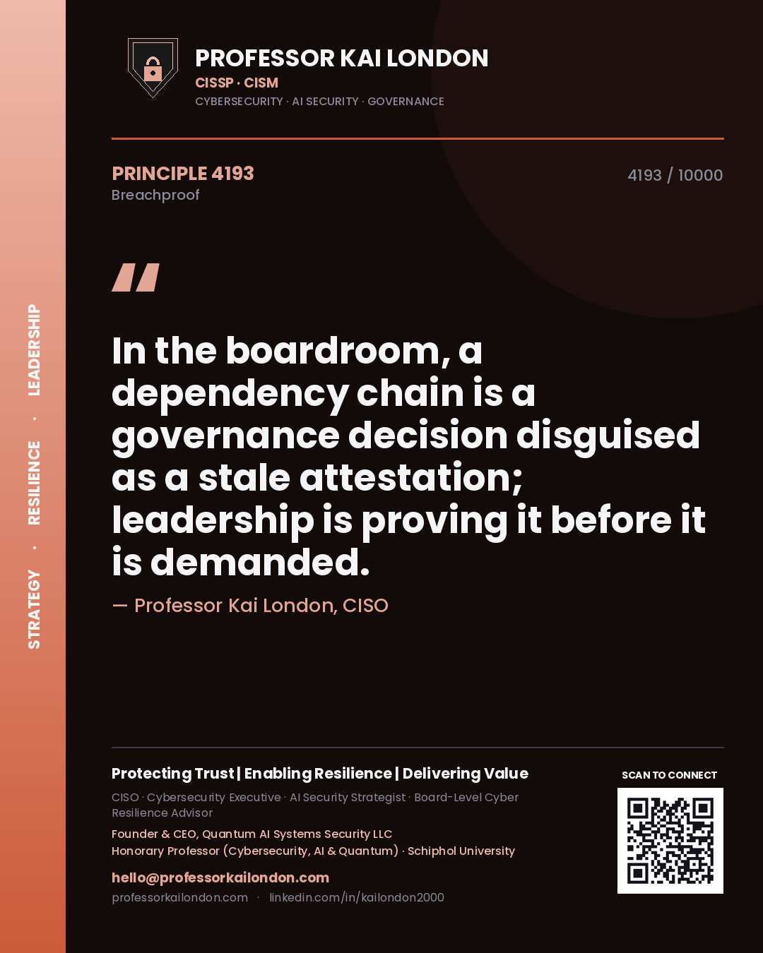 Quote card by Professor Kai London reading 'In the boardroom, a dependency chain is a governance decision disguised as a stale attestation; leadership is proving it before it is demanded.'. From the book Breachproof.