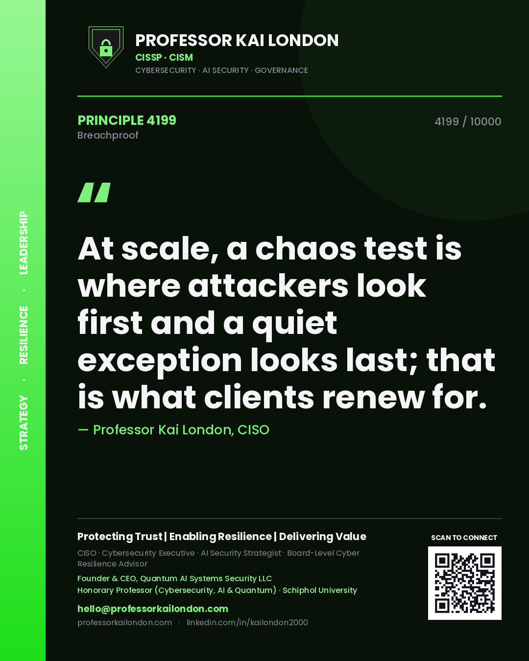 Professor Kai London principle 4199: At scale, a chaos test is where attackers look first and a quiet exception looks last; that is what clients renew for.