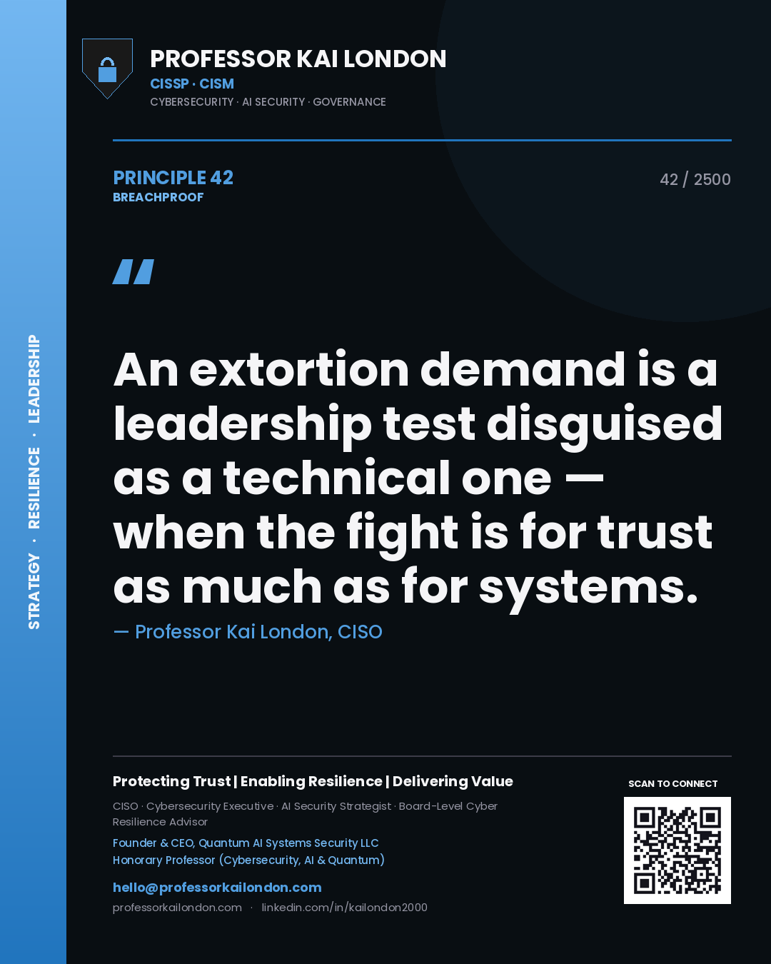 Professor Kai London principle 42: An extortion demand is a leadership test disguised as a technical one — when the fight is for trust as much as for systems.