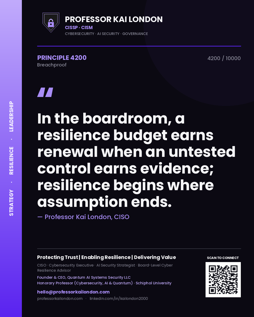 Professor Kai London principle 4200: In the boardroom, a resilience budget earns renewal when an untested control earns evidence; resilience begins where assumption ends.