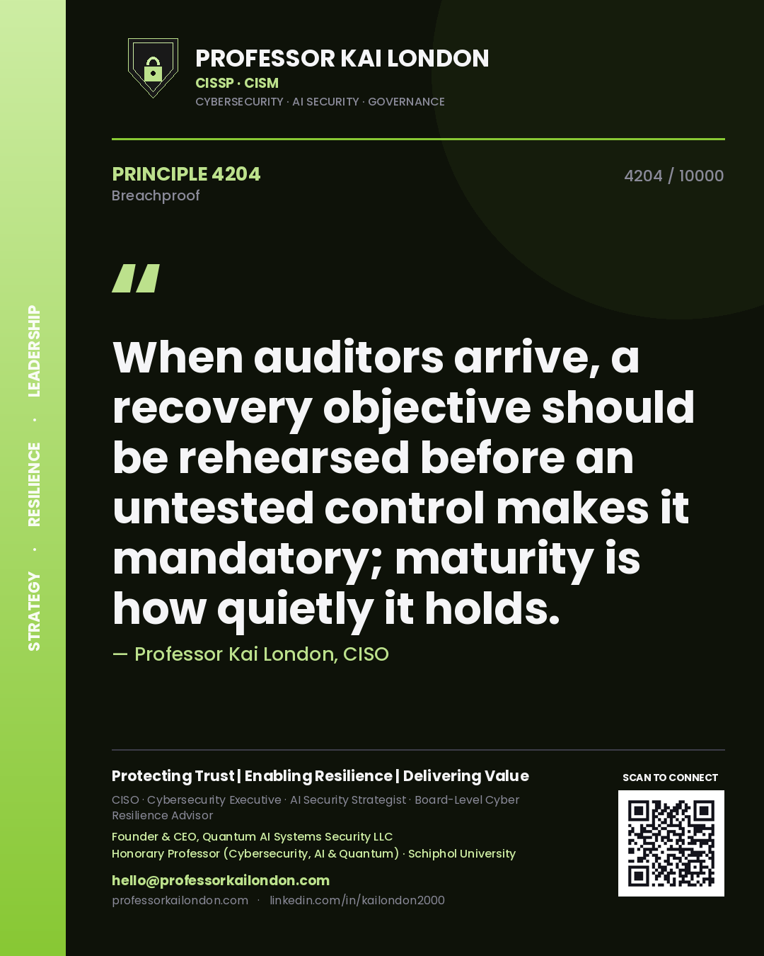 Quote card by Professor Kai London reading 'When auditors arrive, a recovery objective should be rehearsed before an untested control makes it mandatory; maturity is how quietly it holds.'. From the book Breachproof.