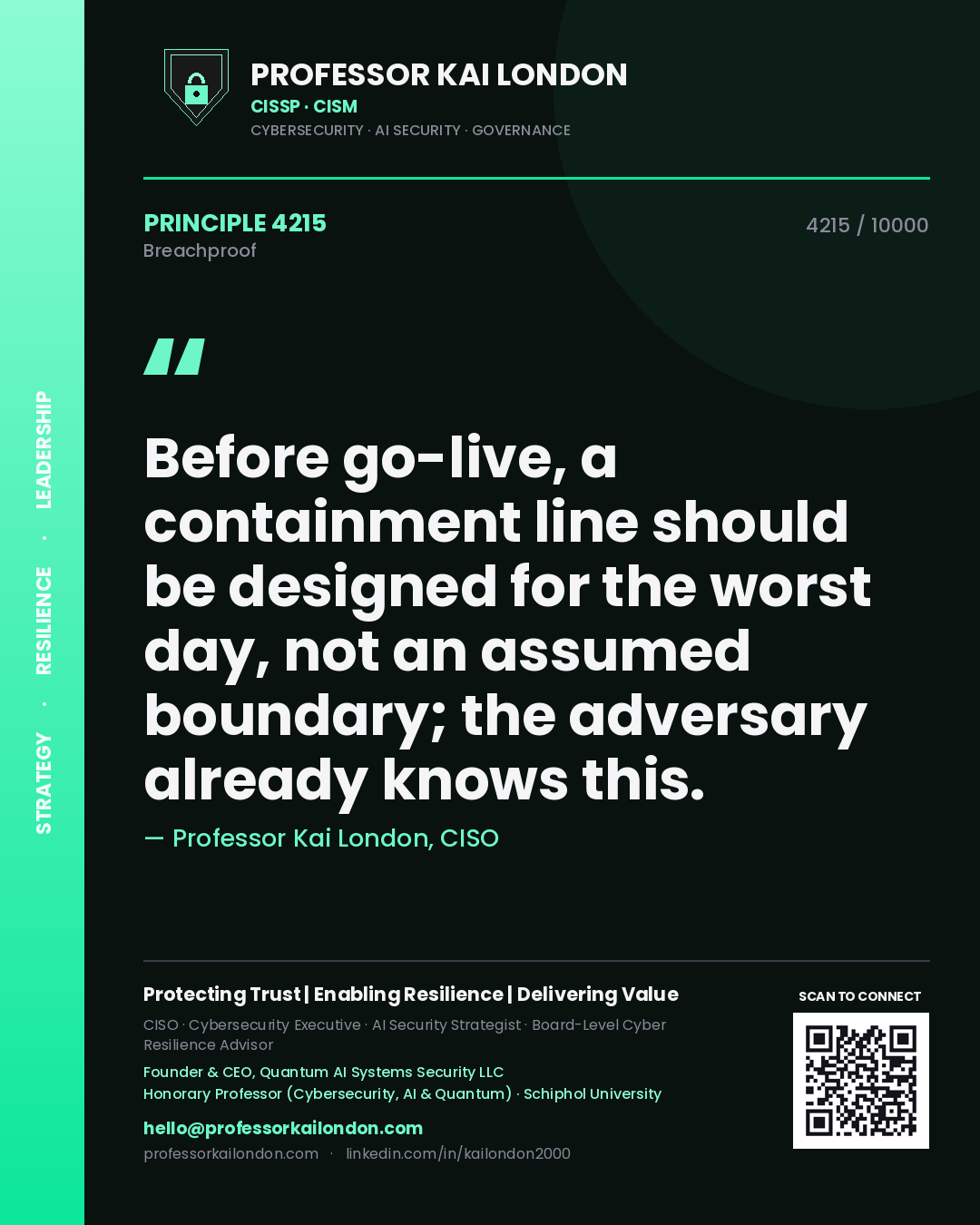 Quote card by Professor Kai London reading 'Before go-live, a containment line should be designed for the worst day, not an assumed boundary; the adversary already knows this.'. From the book Breachproof.
