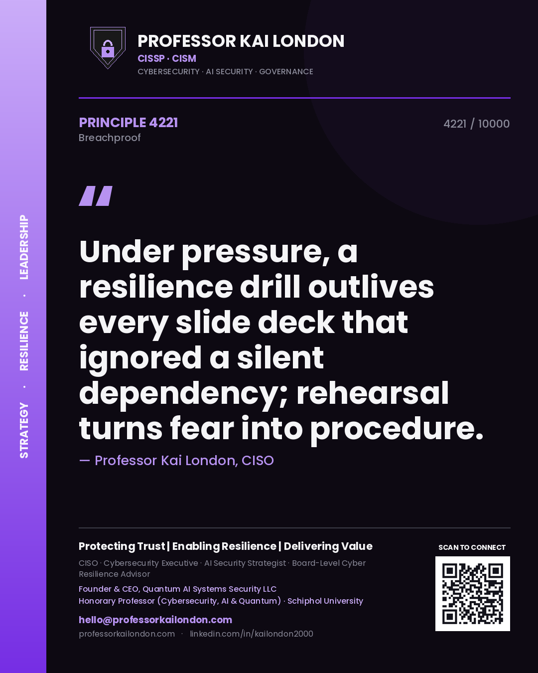 Quote card by Professor Kai London reading 'Under pressure, a resilience drill outlives every slide deck that ignored a silent dependency; rehearsal turns fear into procedure.'. From the book Breachproof.
