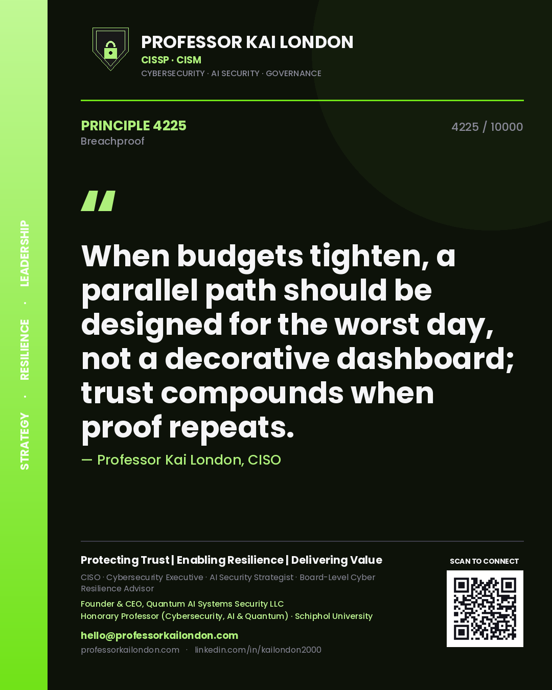 Professor Kai London principle 4225: When budgets tighten, a parallel path should be designed for the worst day, not a decorative dashboard; trust compounds when proof repeats.