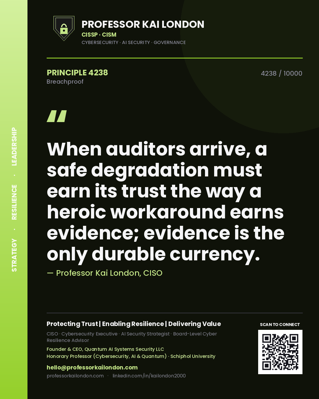 Quote card by Professor Kai London reading 'When auditors arrive, a safe degradation must earn its trust the way a heroic workaround earns evidence; evidence is the only durable currency.'. From the book Breachproof.