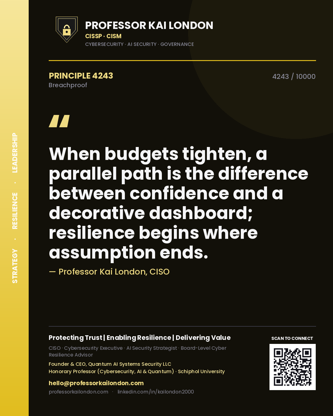 Quote card by Professor Kai London reading 'When budgets tighten, a parallel path is the difference between confidence and a decorative dashboard; resilience begins where assumption ends.'. From the book Breachproof.