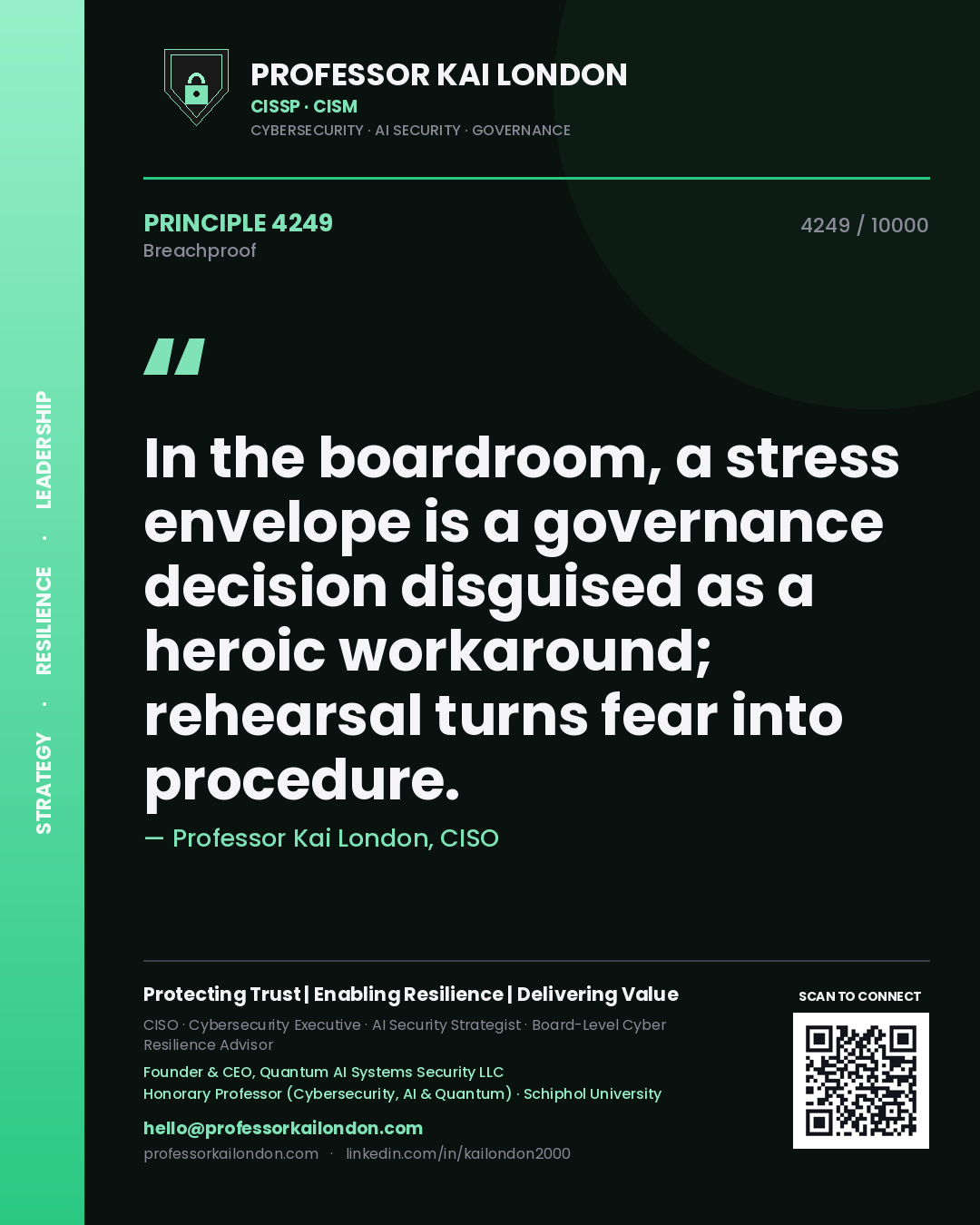 Quote card by Professor Kai London reading 'In the boardroom, a stress envelope is a governance decision disguised as a heroic workaround; rehearsal turns fear into procedure.'. From the book Breachproof.
