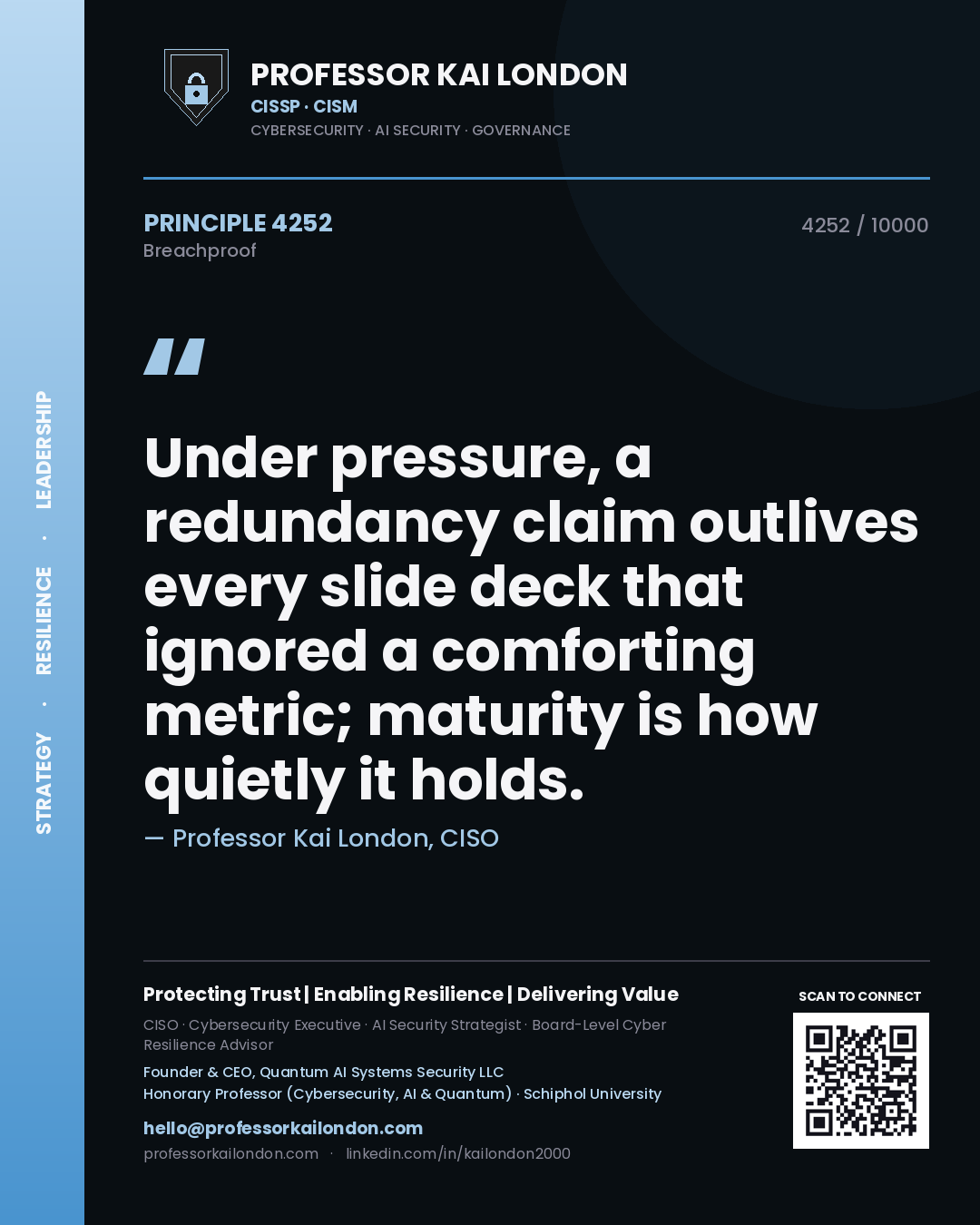 Professor Kai London principle 4252: Under pressure, a redundancy claim outlives every slide deck that ignored a comforting metric; maturity is how quietly it holds.