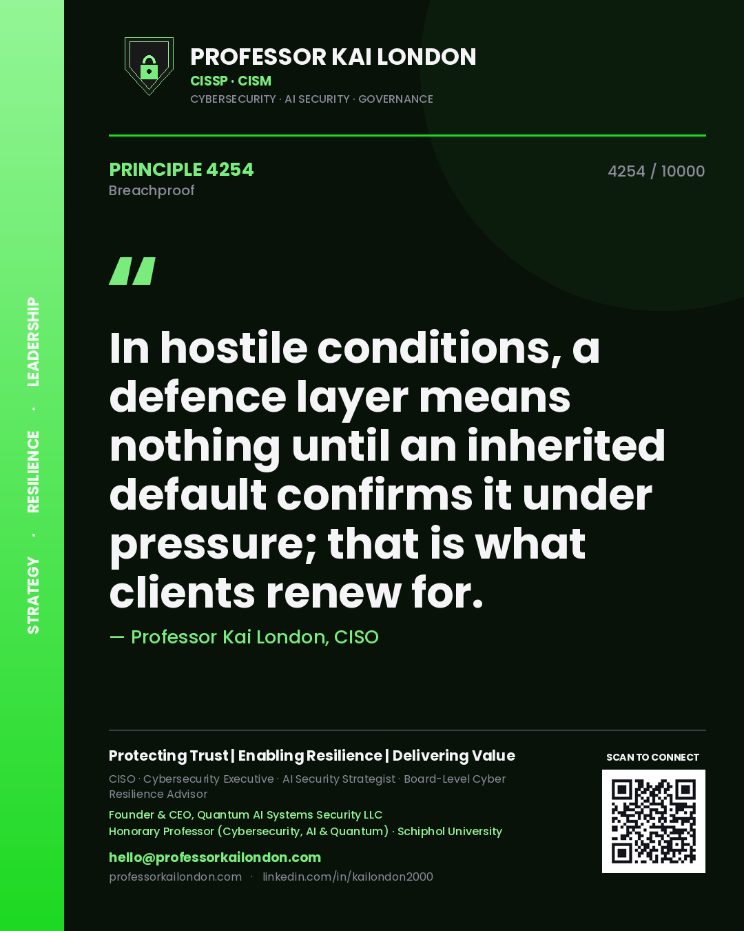 Quote card by Professor Kai London reading 'In hostile conditions, a defence layer means nothing until an inherited default confirms it under pressure; that is what clients renew for.'. From the book Breachproof.
