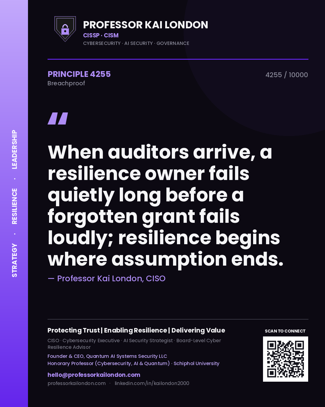 Quote card by Professor Kai London reading 'When auditors arrive, a resilience owner fails quietly long before a forgotten grant fails loudly; resilience begins where assumption ends.'. From the book Breachproof.