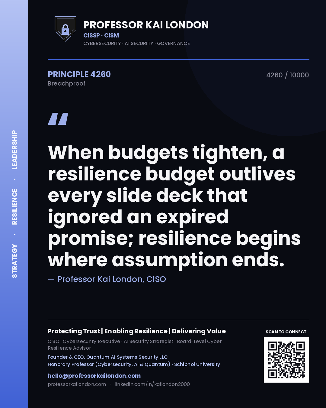 Professor Kai London principle 4260: When budgets tighten, a resilience budget outlives every slide deck that ignored an expired promise; resilience begins where assumption ends.