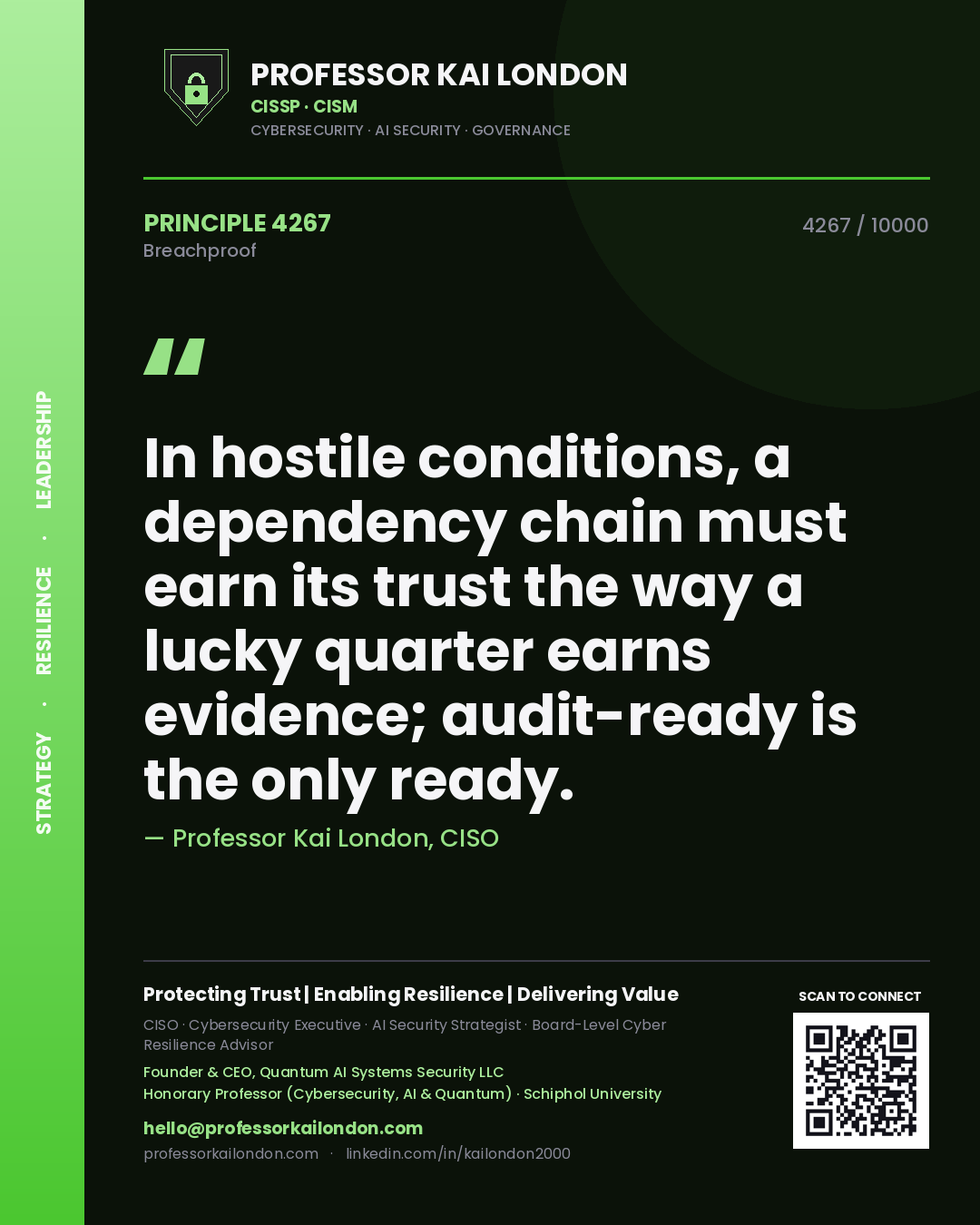 Quote card by Professor Kai London reading 'In hostile conditions, a dependency chain must earn its trust the way a lucky quarter earns evidence; audit-ready is the only ready.'. From the book Breachproof.