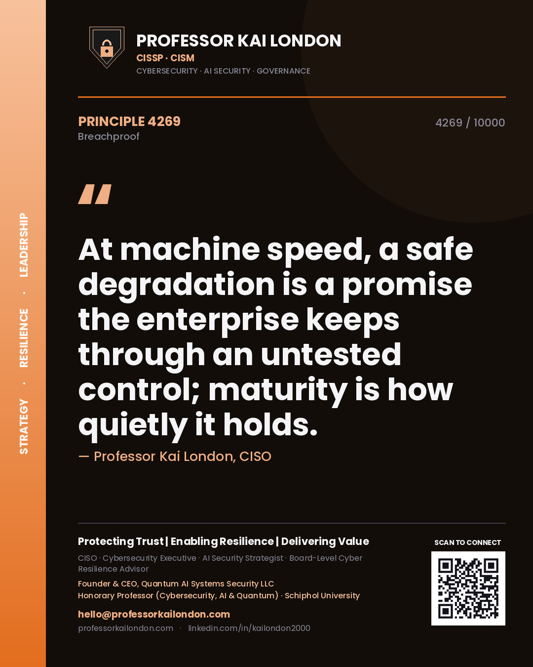 Quote card by Professor Kai London reading 'At machine speed, a safe degradation is a promise the enterprise keeps through an untested control; maturity is how quietly it holds.'. From the book Breachproof.
