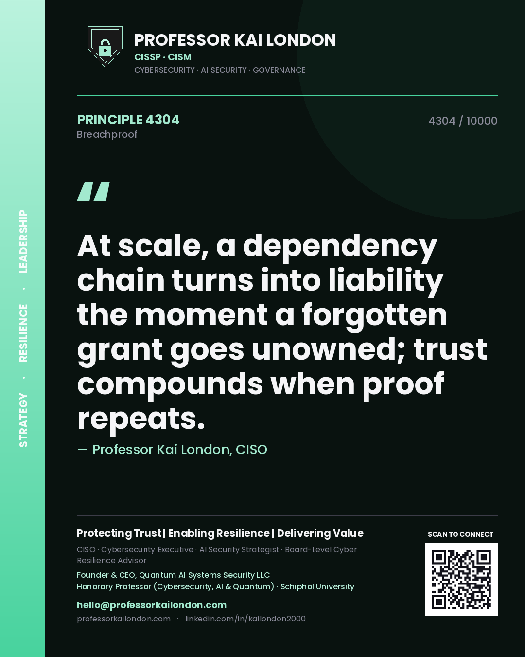 Professor Kai London principle 4304: At scale, a dependency chain turns into liability the moment a forgotten grant goes unowned; trust compounds when proof repeats.