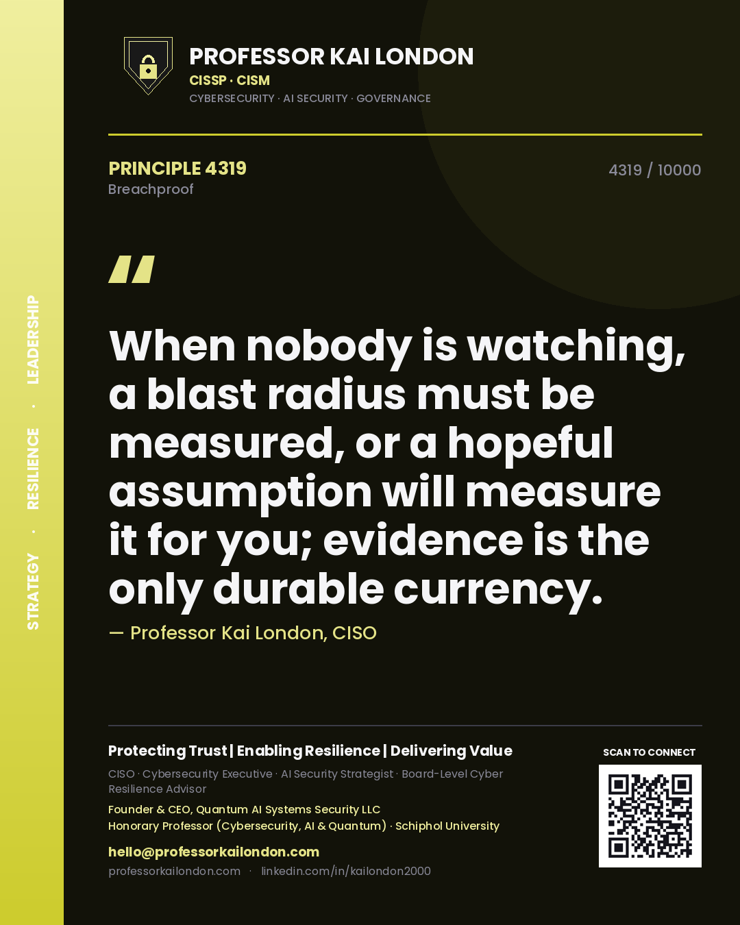 Quote card by Professor Kai London reading 'When nobody is watching, a blast radius must be measured, or a hopeful assumption will measure it for you; evidence is the only durable currency.'. From the book Breachproof.