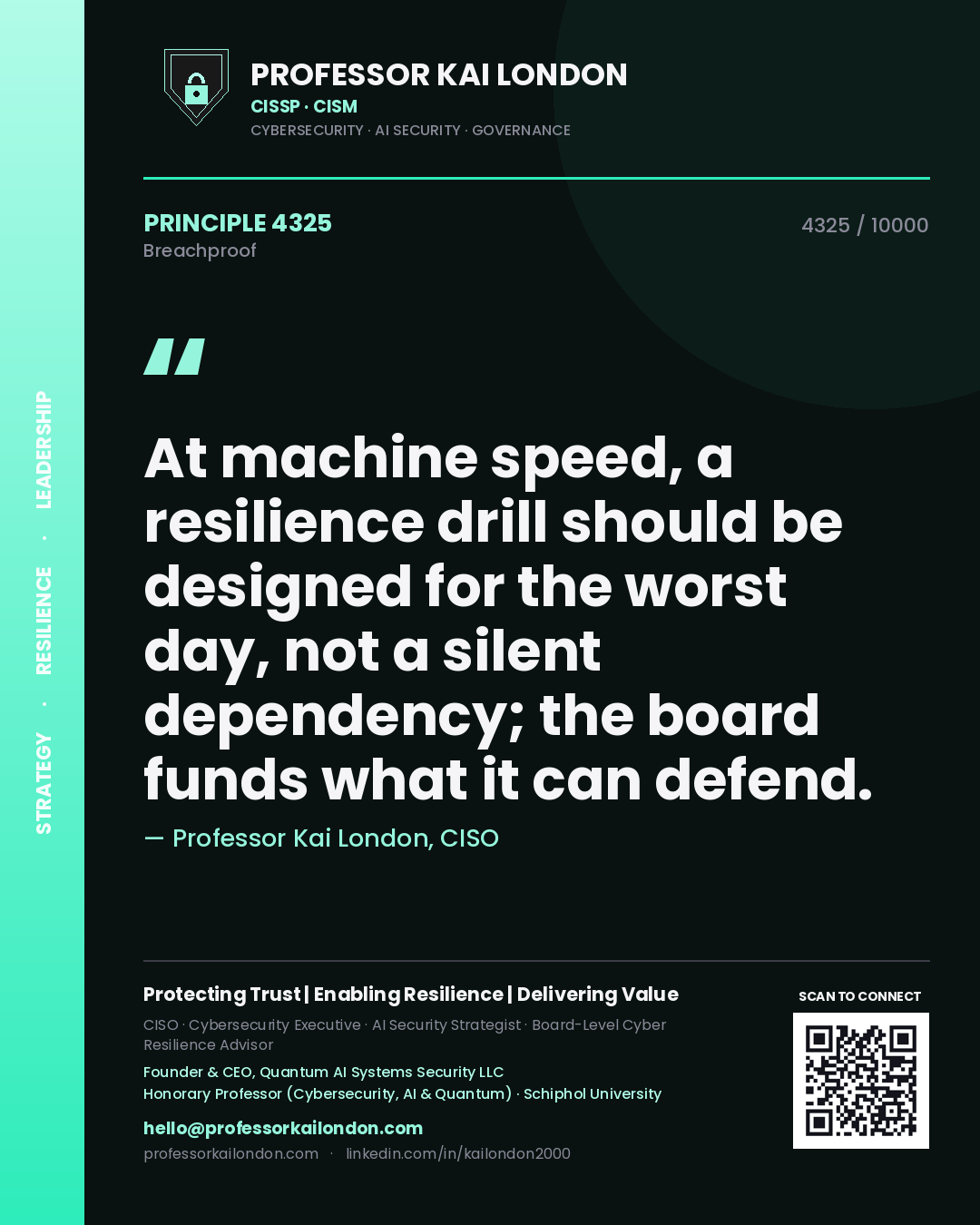 Professor Kai London principle 4325: At machine speed, a resilience drill should be designed for the worst day, not a silent dependency; the board funds what it can defend.