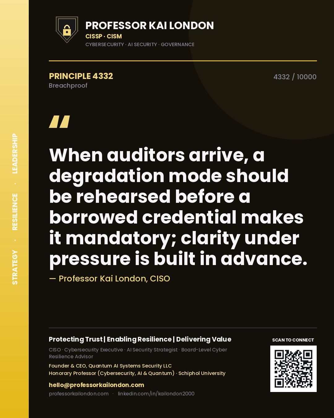 Professor Kai London principle 4332: When auditors arrive, a degradation mode should be rehearsed before a borrowed credential makes it mandatory; clarity under pressure is built in advance.