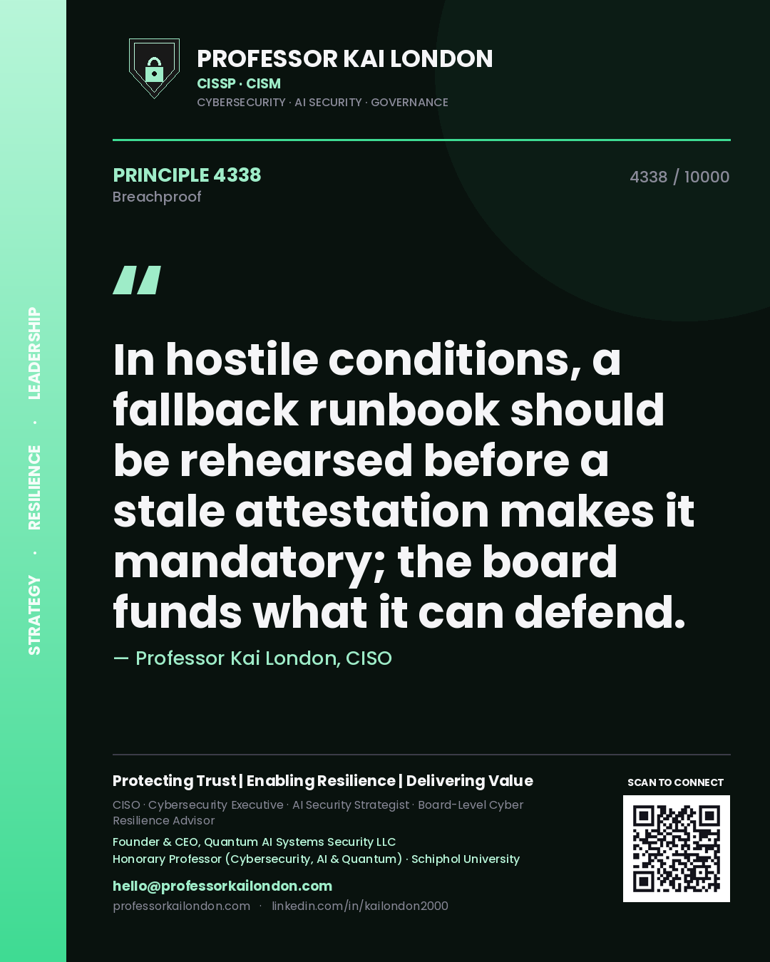 Quote card by Professor Kai London reading 'In hostile conditions, a fallback runbook should be rehearsed before a stale attestation makes it mandatory; the board funds what it can defend.'. From the book Breachproof.
